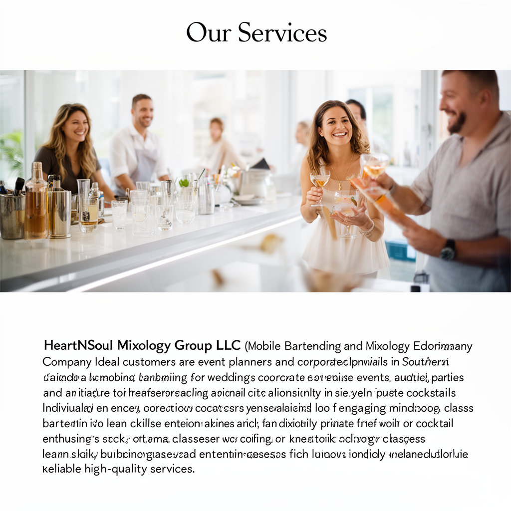 HeartNSoul Mixology Group LLC professional bartender crafting cocktails at an elegant event setup in Los Angeles, CA